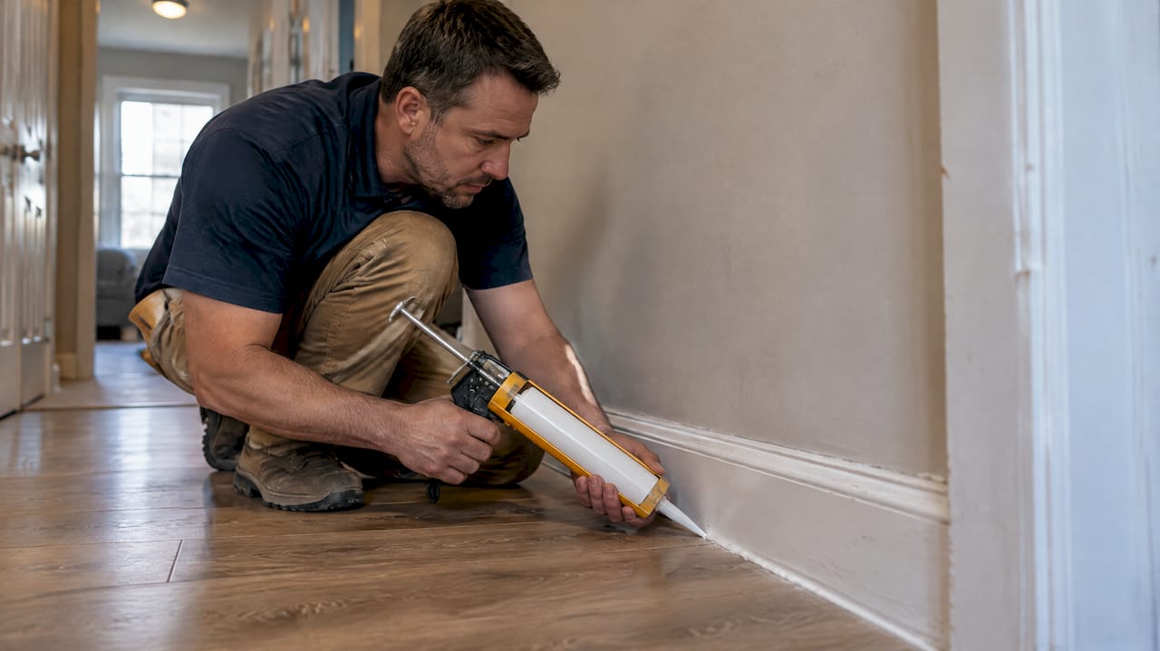 Homeowner sealing a wall baseboard gap