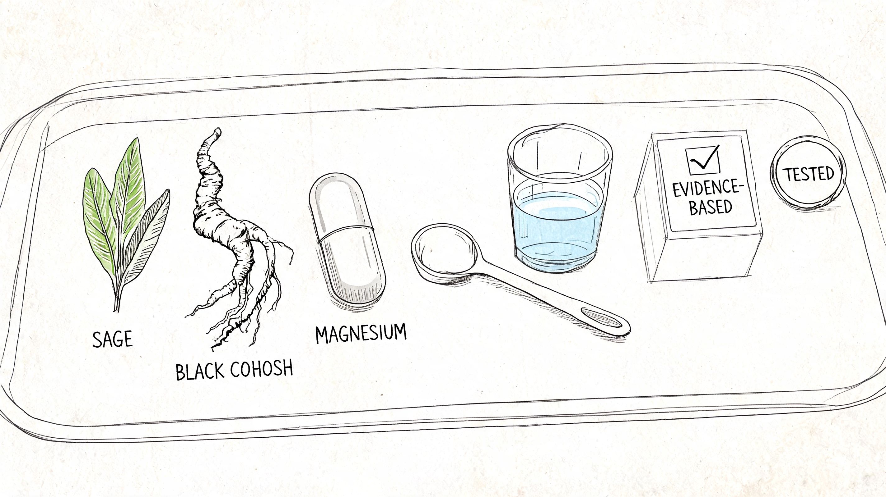 A hand-drawn illustration showing sage leaves, black cohosh root, magnesium capsule, water, and evidence-based tested supplement labels.
