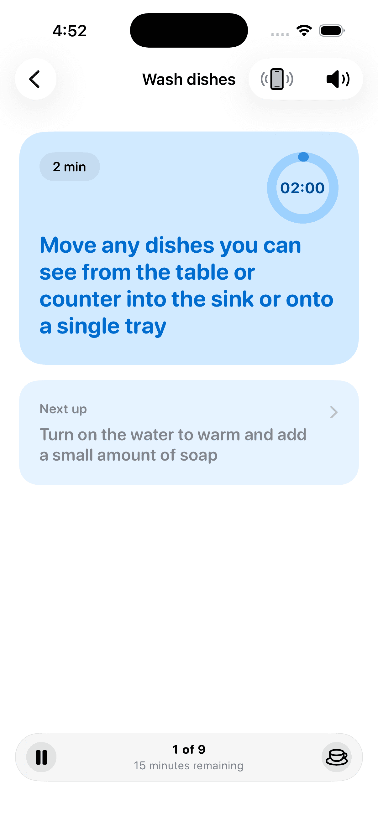 Task breakdown screen, energy selector and guide set to low, prep for doctors appointment session button