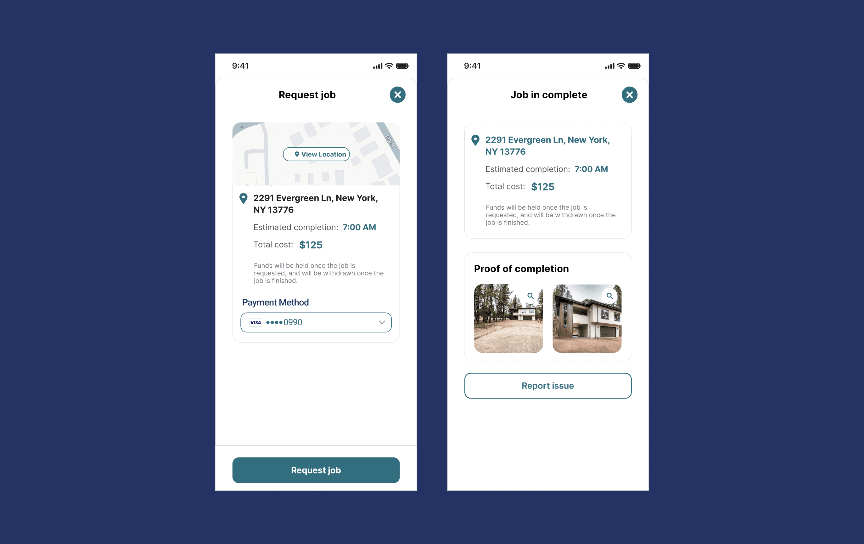 mockup of a flow for a user requesting snow plow services