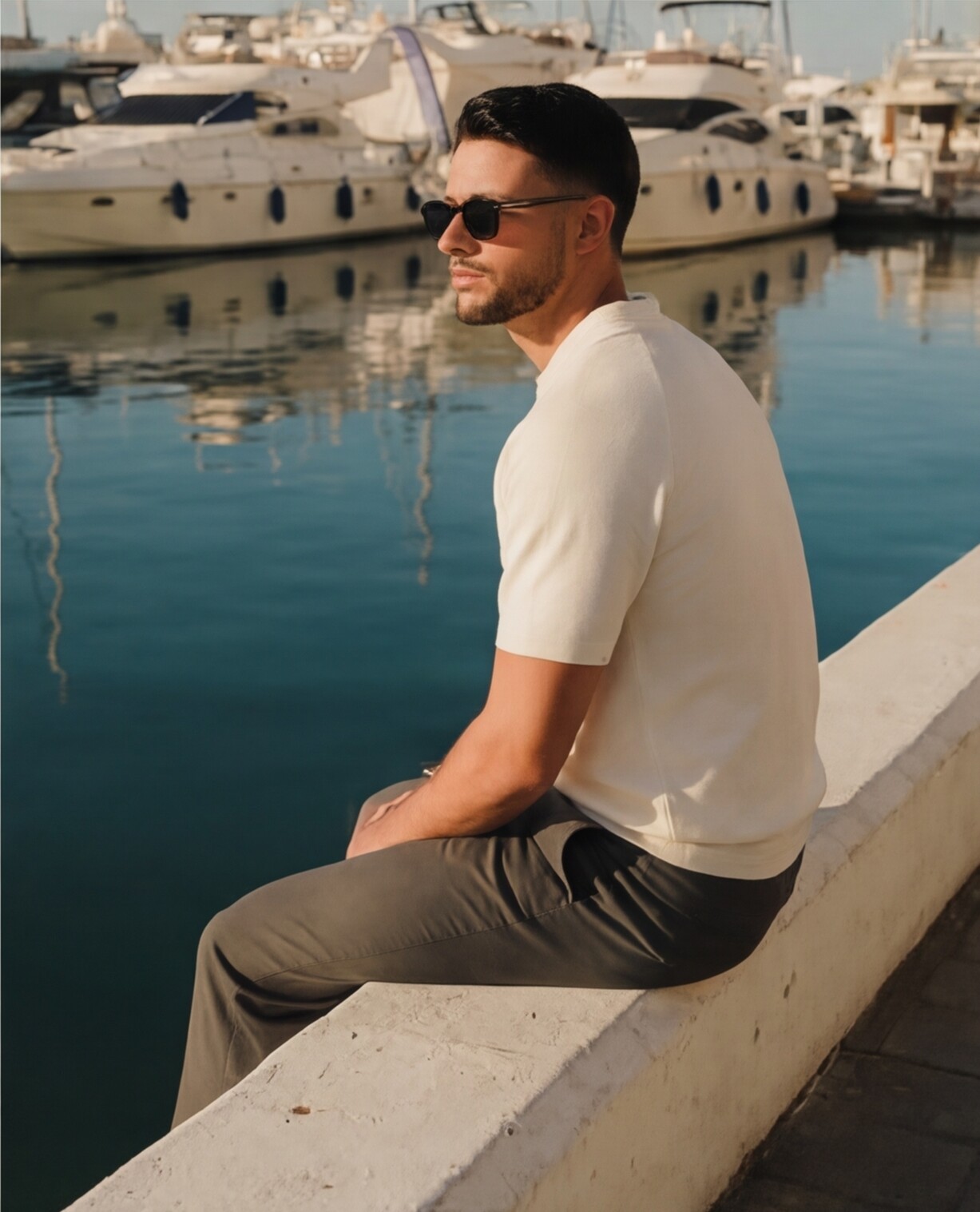 Ivory Knit Polo with Charcoal Trousers