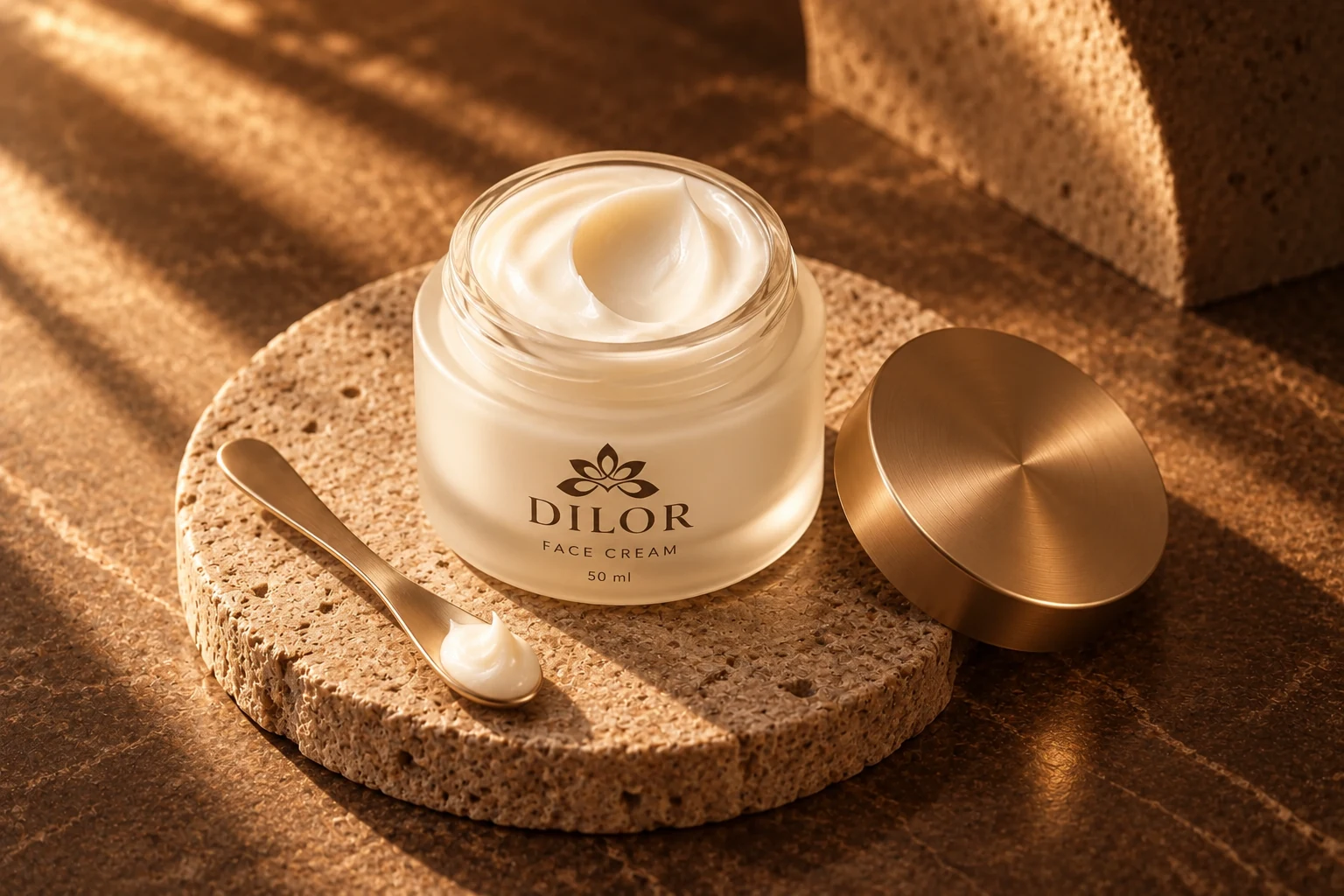Open Dilor face cream jar with a gold spatula on travertine