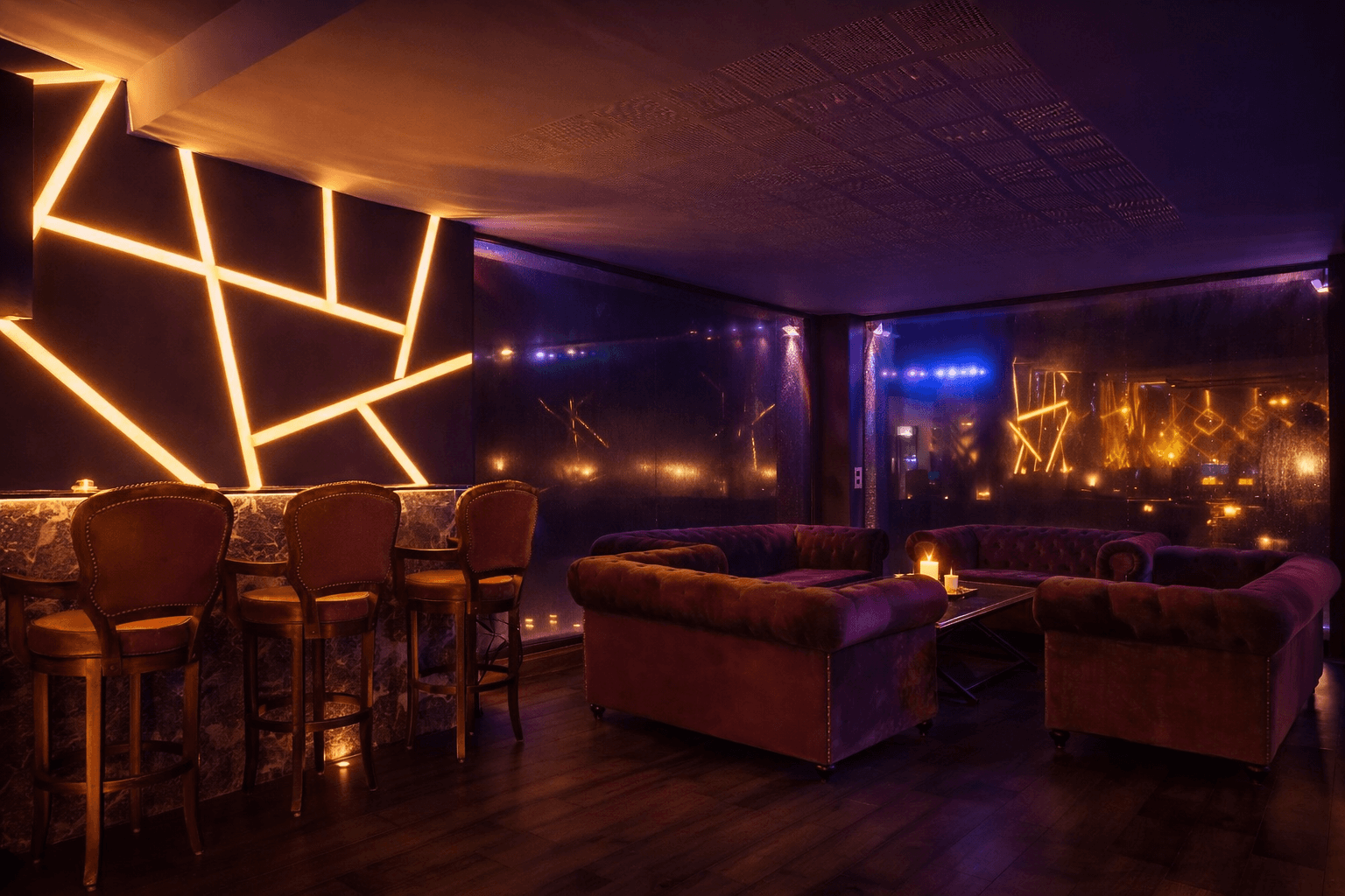 Outdoor lounge under a wooden pergola, draped linen curtains, beige cushions, ocean backdrop, palm shadows dancing on the walls, serene luxury.