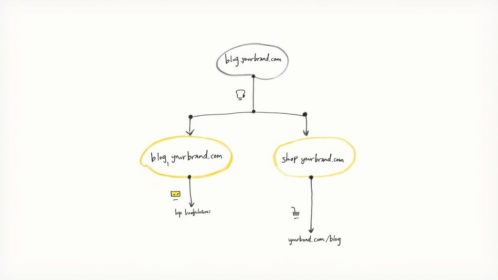 A woman working on a laptop, illustrating the process of creating a subdomain for her website.