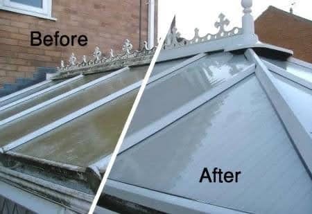 Before and after glass roof cleaning showing dramatic improvement