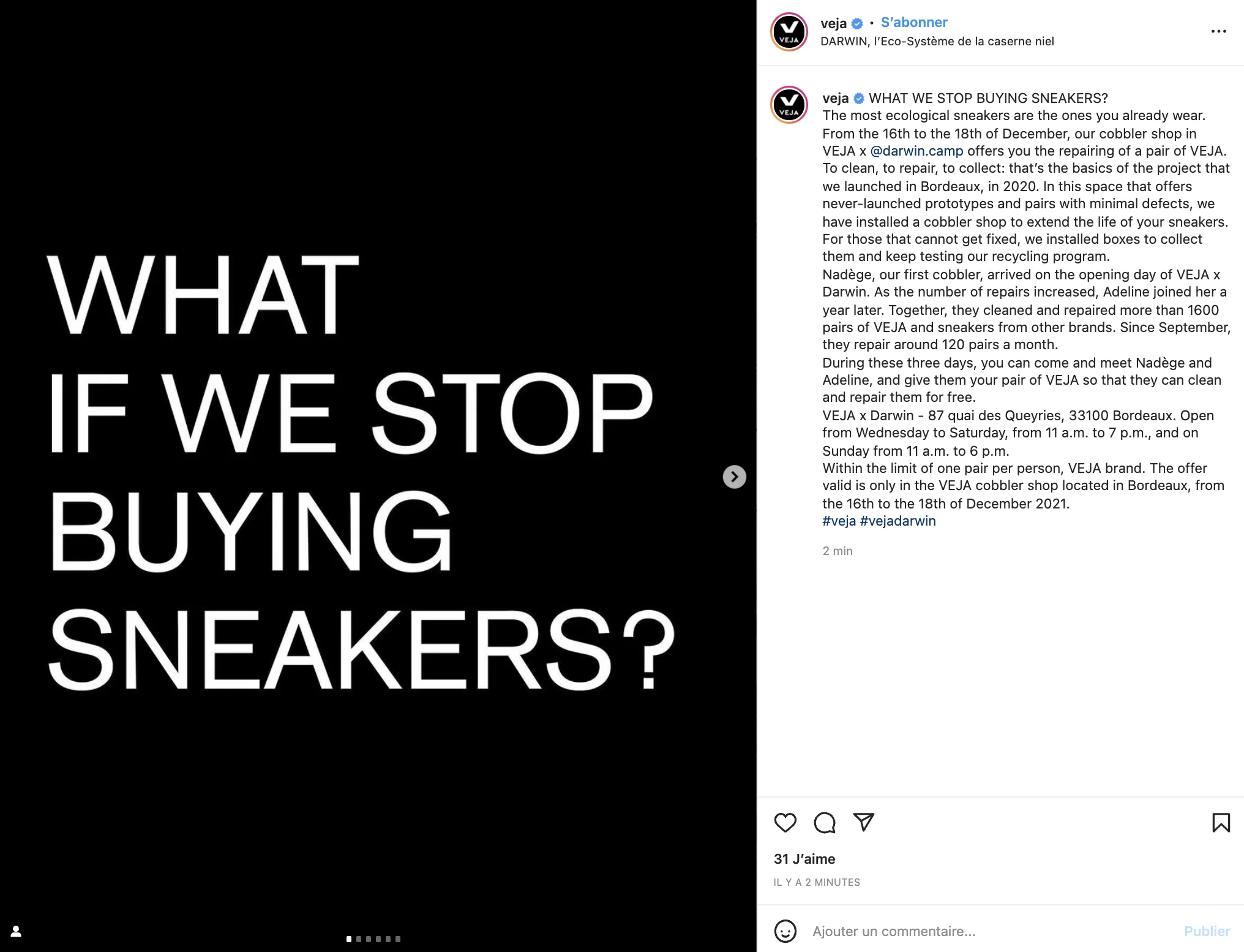 Campagne responsable de la marque VEJA — communication éthique et marketing durable