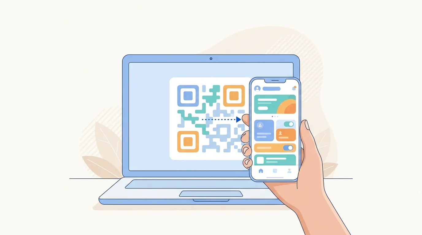 Illustration of scanning a QR code on a Windows laptop to test an iOS app on an iPhone