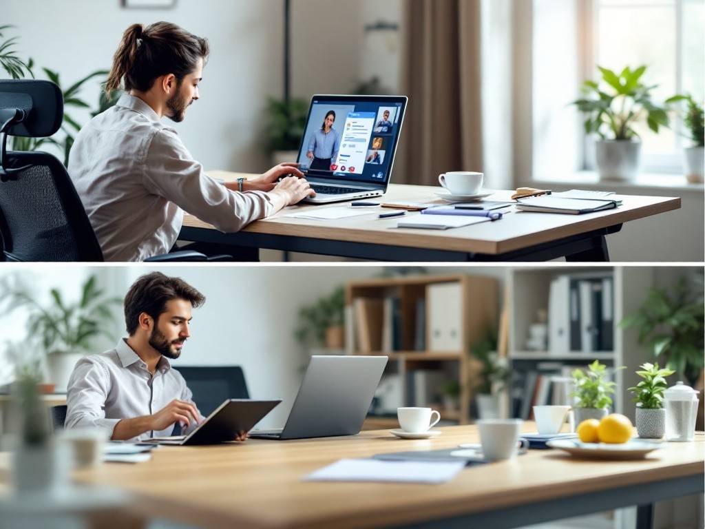 Two men working from home, one on a video call and the other on a tablet.