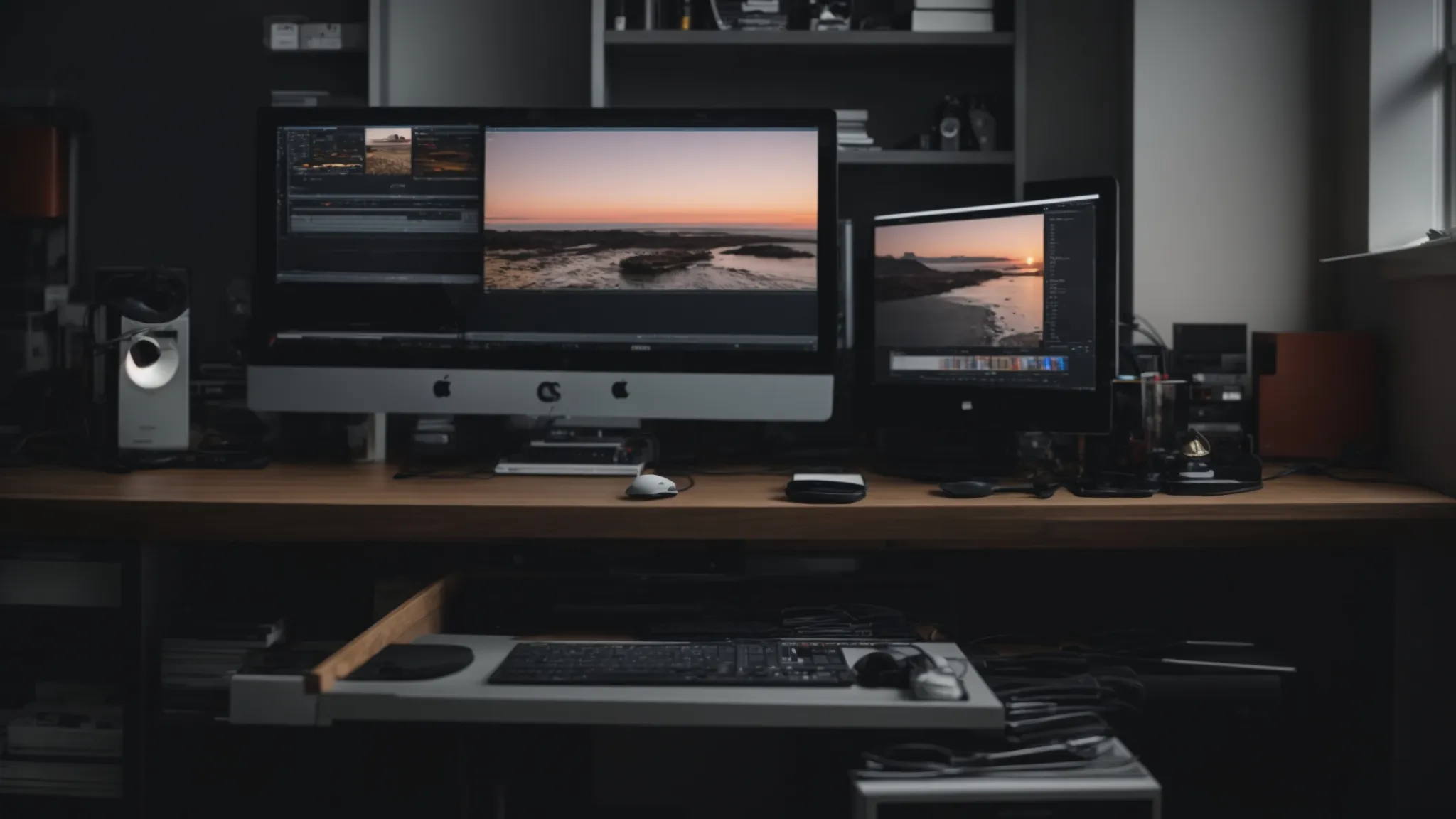 a graphic designer sits in front of dual monitors, displaying an array of photo editing software tools, deeply focused on perfecting an image.