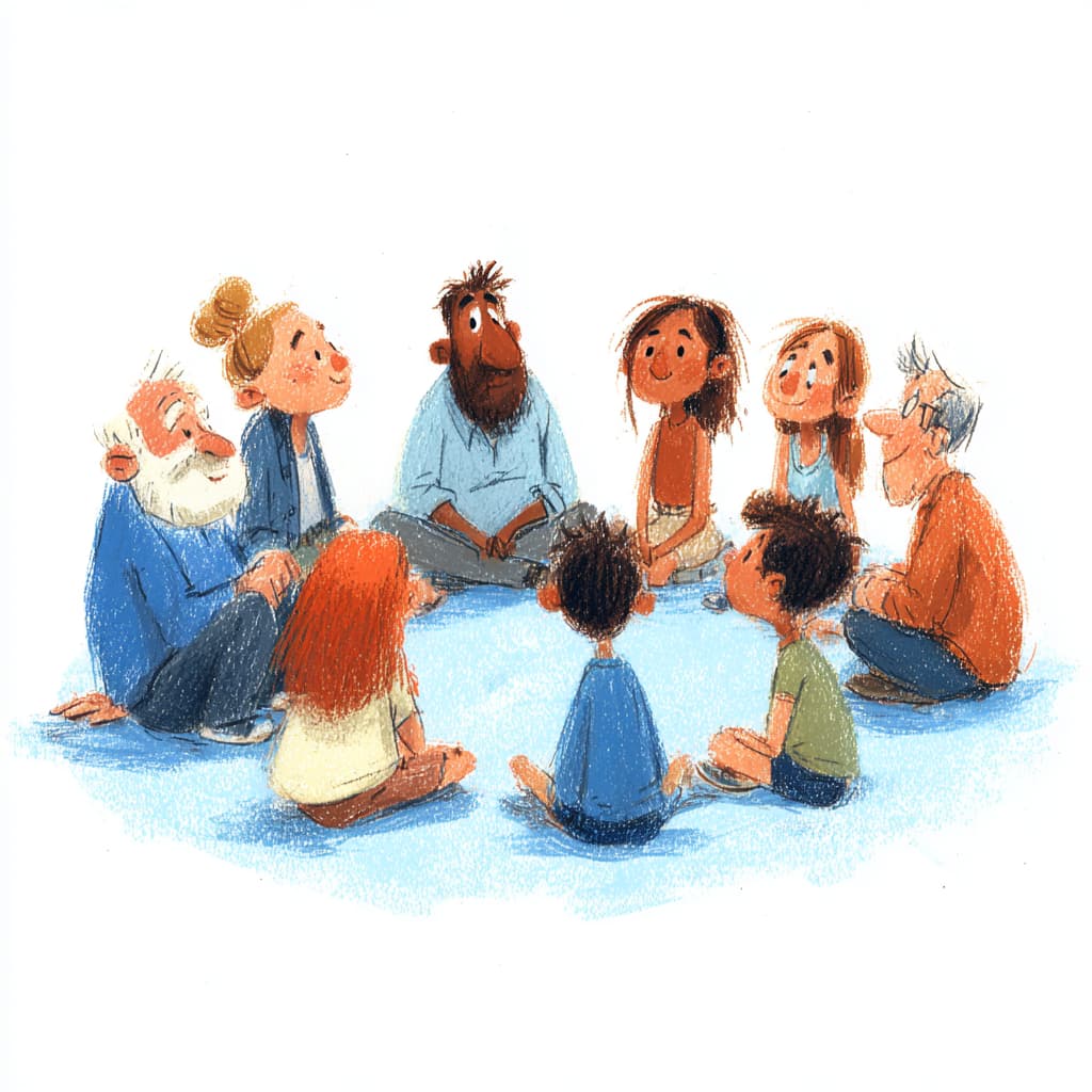 Illustration einer kleinen Gruppe aus Erwachsenen und Kindern im gemütlichen Kreis – entspannt, offen, in echter Gemeinschaft.