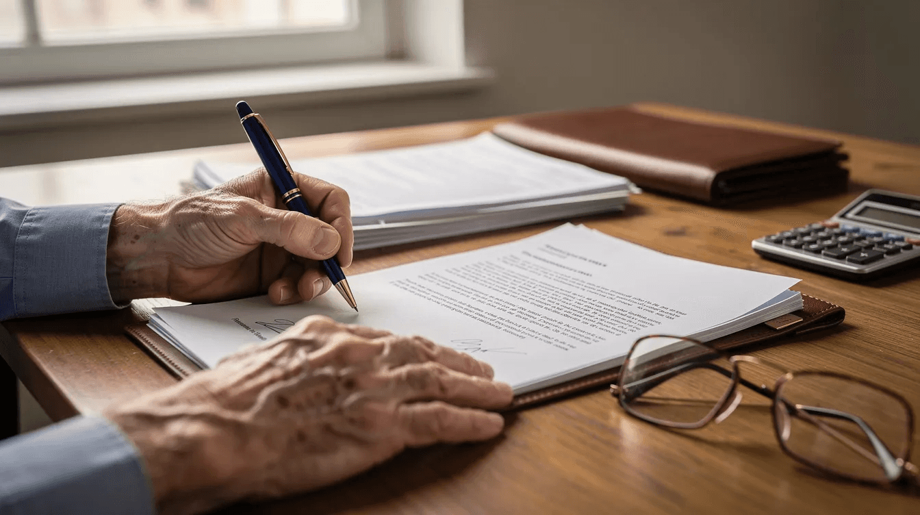 An elderly person's hands are signing financial documents at a desk, indicating the importance of managing their retirement account and exploring options like qualified charitable distributions to reduce taxable income. The scene reflects a thoughtful approach to charitable giving and tax benefits in financial planning.