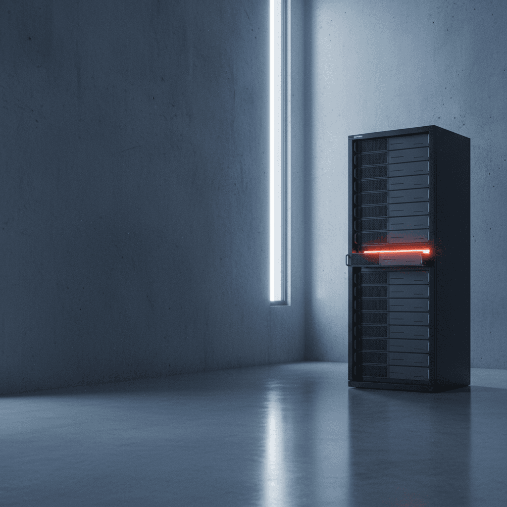 A large, minimalist concrete server room with a single rack of servers. One server blade is slightly ajar, with a subtle, warm orange light (#E76F51) emanating from the gap, representing a point of failure. The rest of the room is cool and dimly lit with natural light from a high window, using shades of deep blue (#1F3B5B) and dark grey (#20242B). The floor is polished concrete reflecting the scene. Asymmetrical composition, with the server rack on the right, leaving the upper-left third empty for text overlay. Aspect ratio 16:9. No text, no logos, no watermarks. Photorealistic, editorial photography, natural lighting.