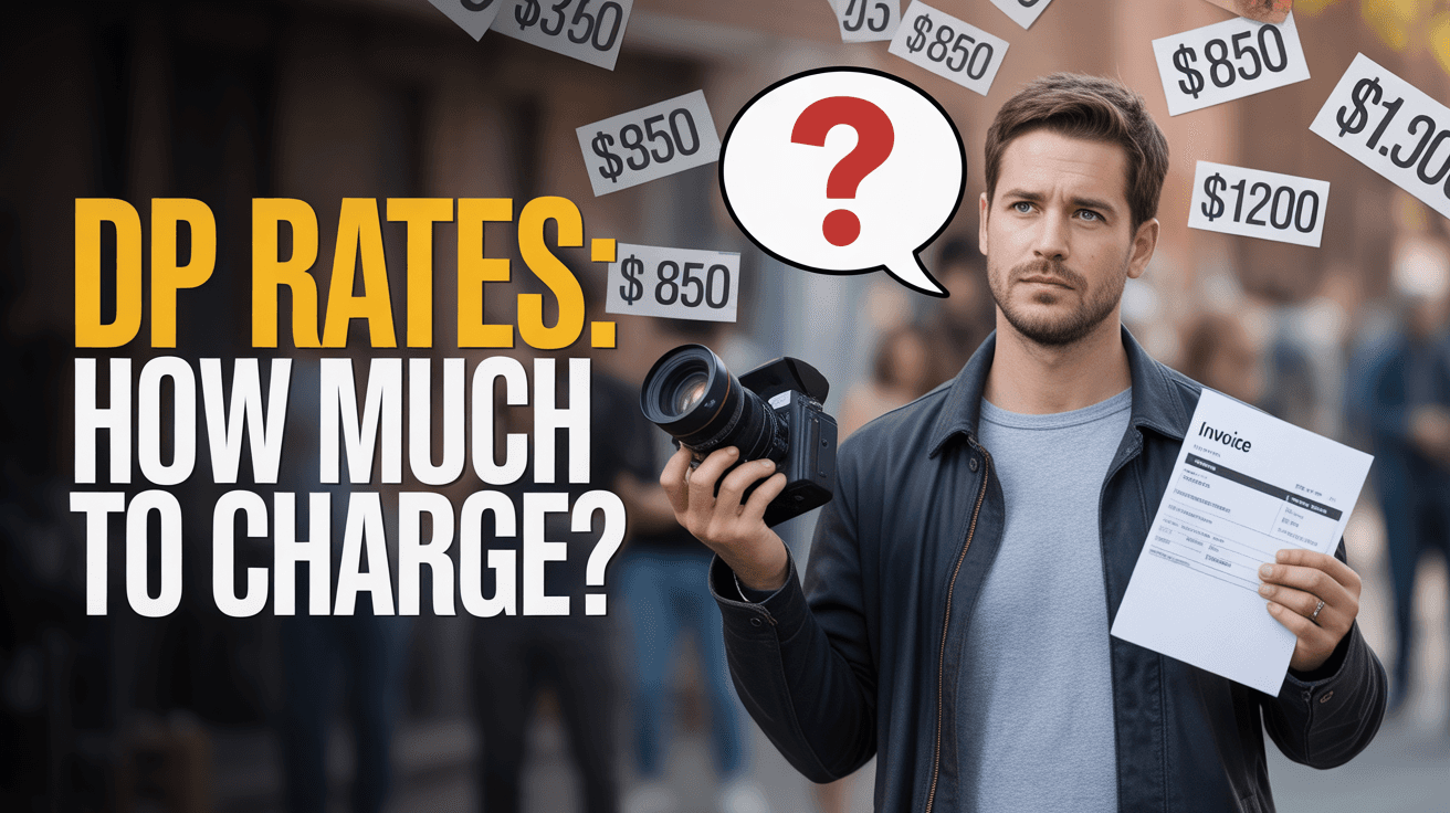 Filmmaker holding a camera and invoice with price tags and DP Rates How Much to Charge text