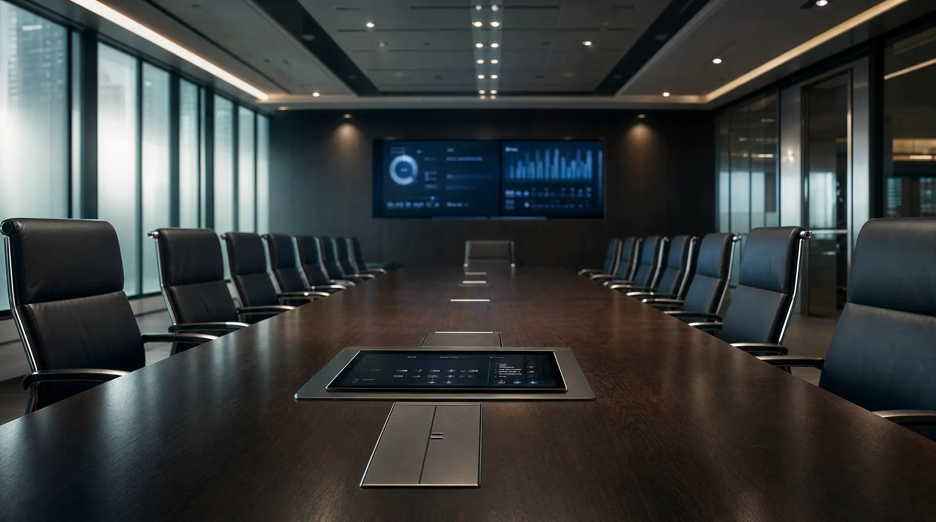 Modern conference boardroom with leather chairs around a wood table and a central digital control console, with blue analytics-style screens on the back wall, reflecting a tech marketing strategy planning session.