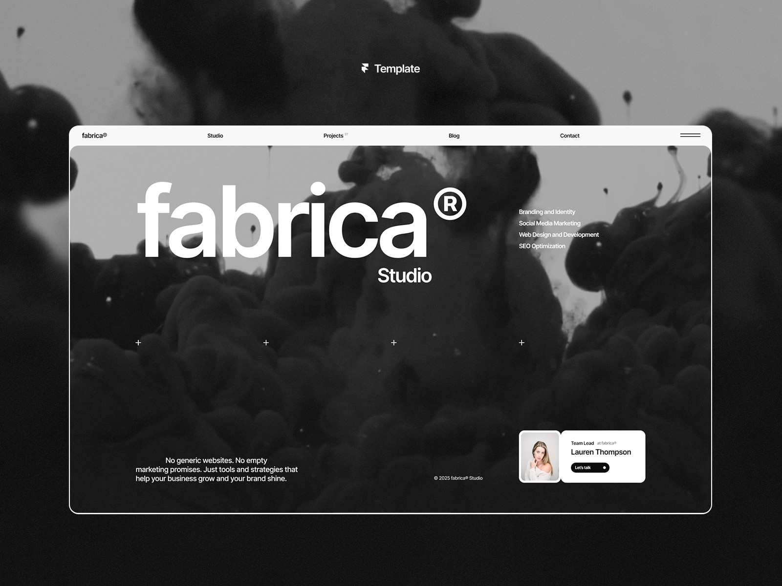 The Fabrica template interface showing a bold, structured agency layout with strong headers and organized project grids.