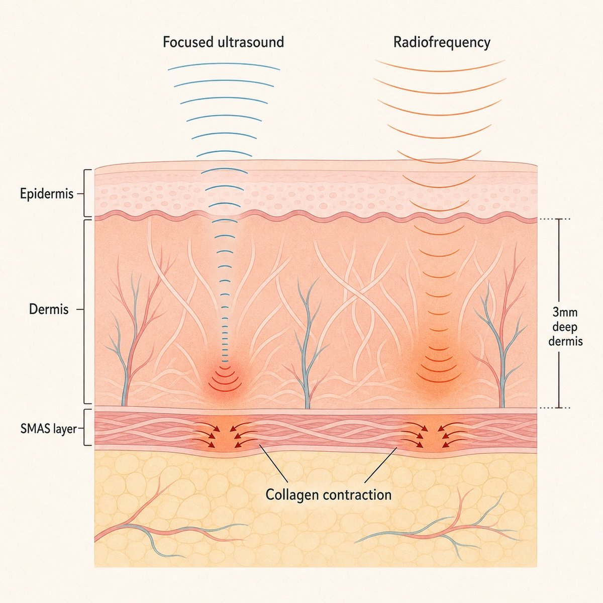 Cross-section diagram showing lifting energy reaching the dermis and SMAS where collagen contracts