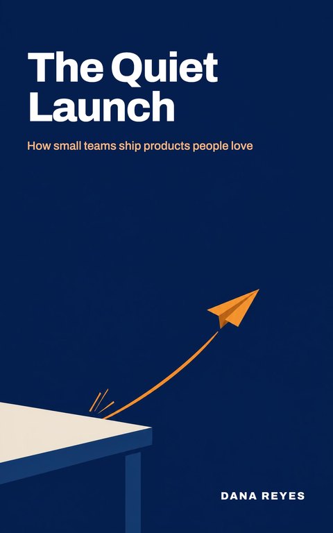 Business ebook cover template: The Quiet Launch, a paper plane lifting off a desk on a navy background