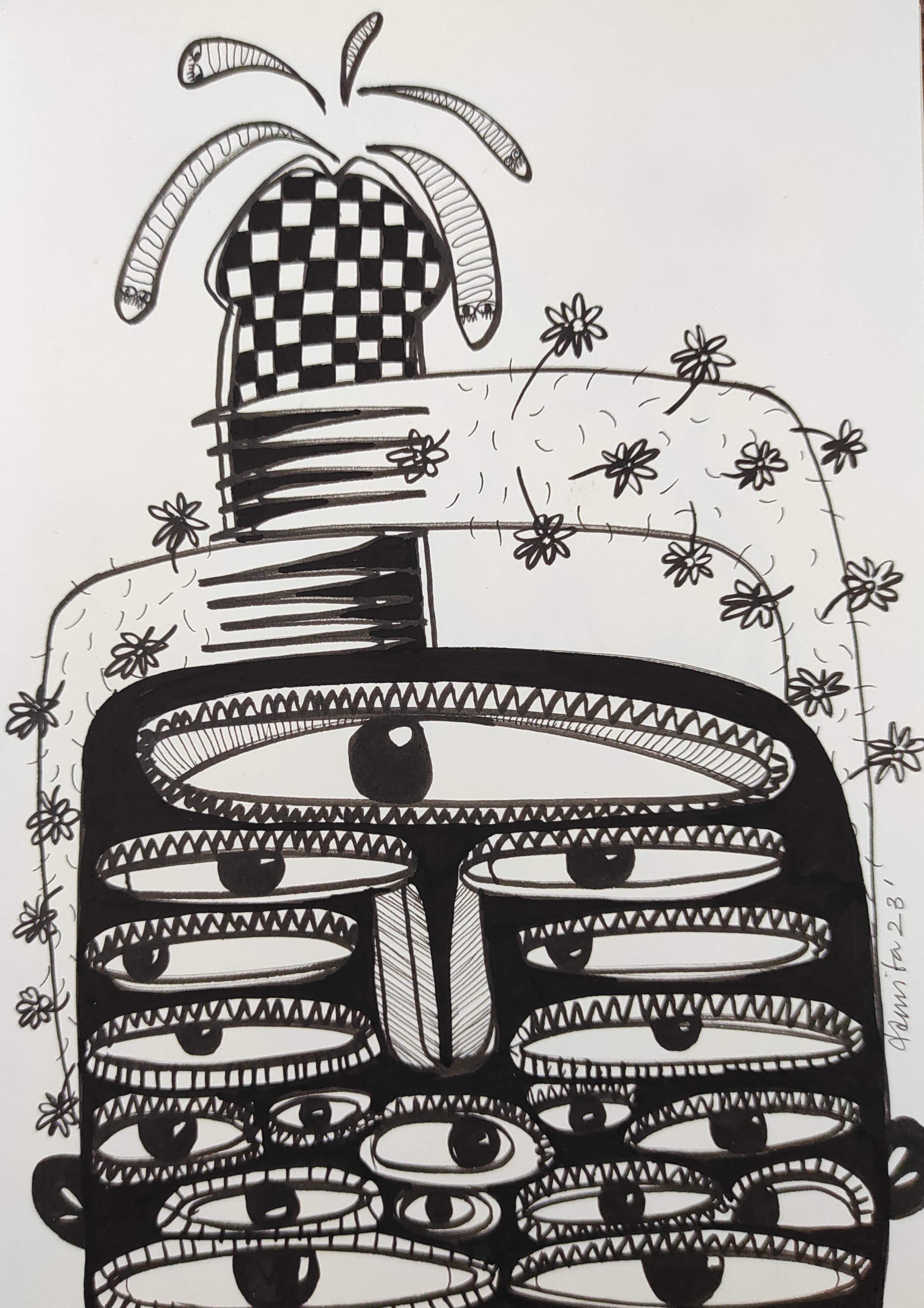 herd of sheep on road painting