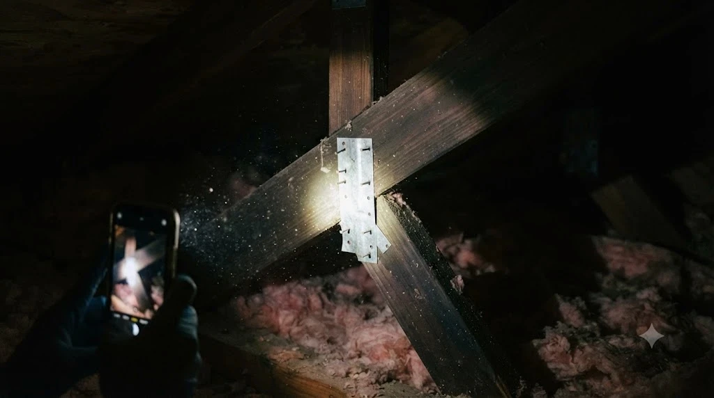 Inspector photographing a metal roof-to-wall connection strap in a Florida attic for a wind mitigation inspection