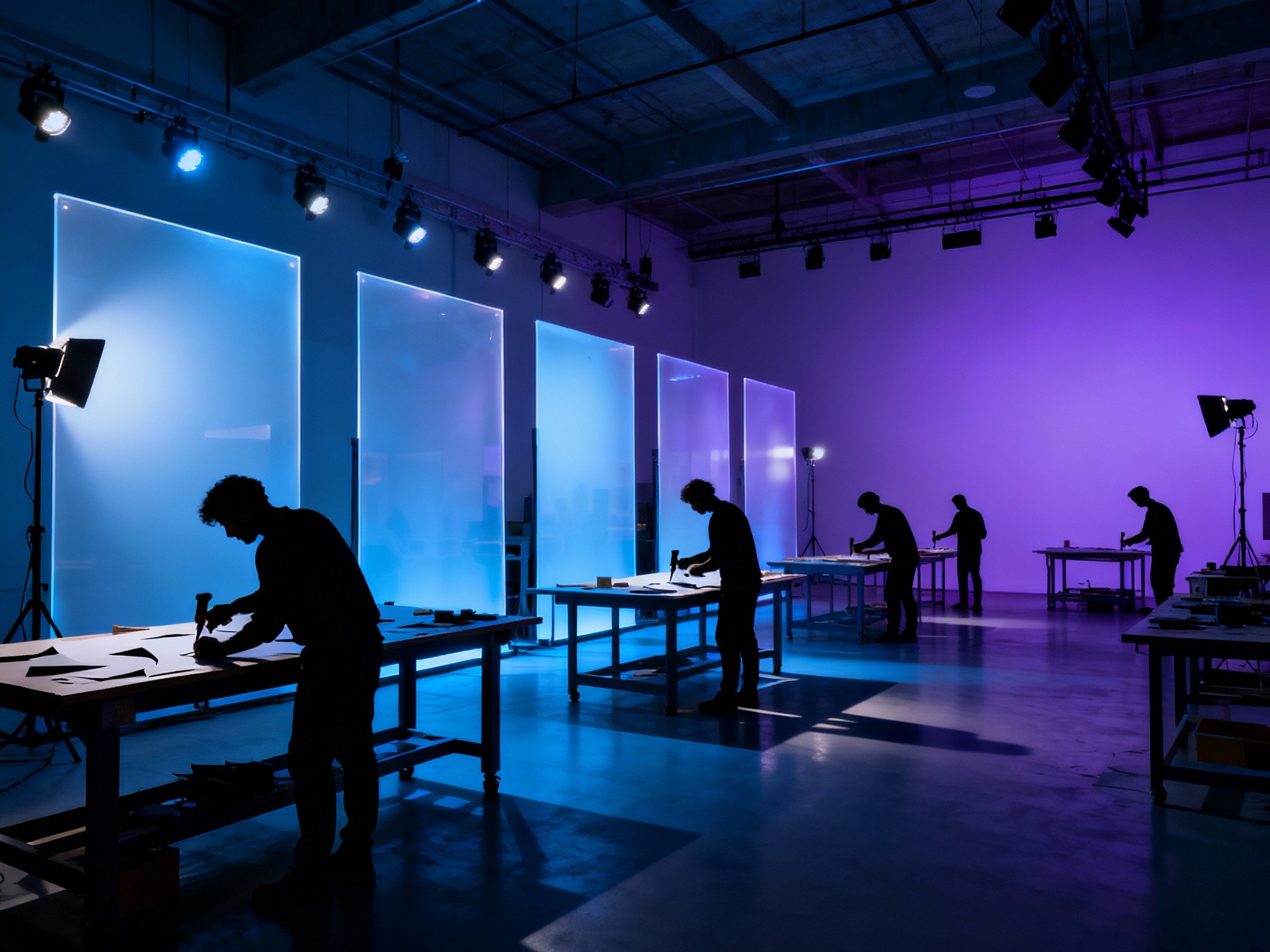 An expansive wide-angle view of a modern silhouette studio interior at twilight, showcasing multiple