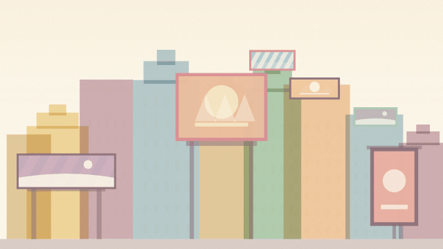 Flat pastel layered skyline poster on cream: overlapping translucent building silhouettes with a hero billboard at center, rooftop screens, a roadside board and a bus shelter, their flat ad creatives gently cross-fading — out-of-home advertising. Raised Media Co.
