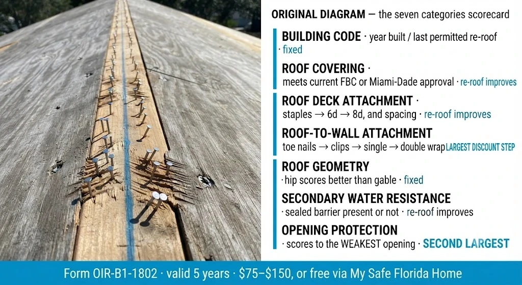 Roof deck attachment being upgraded with ring shank nails during a permitted Florida re-roof