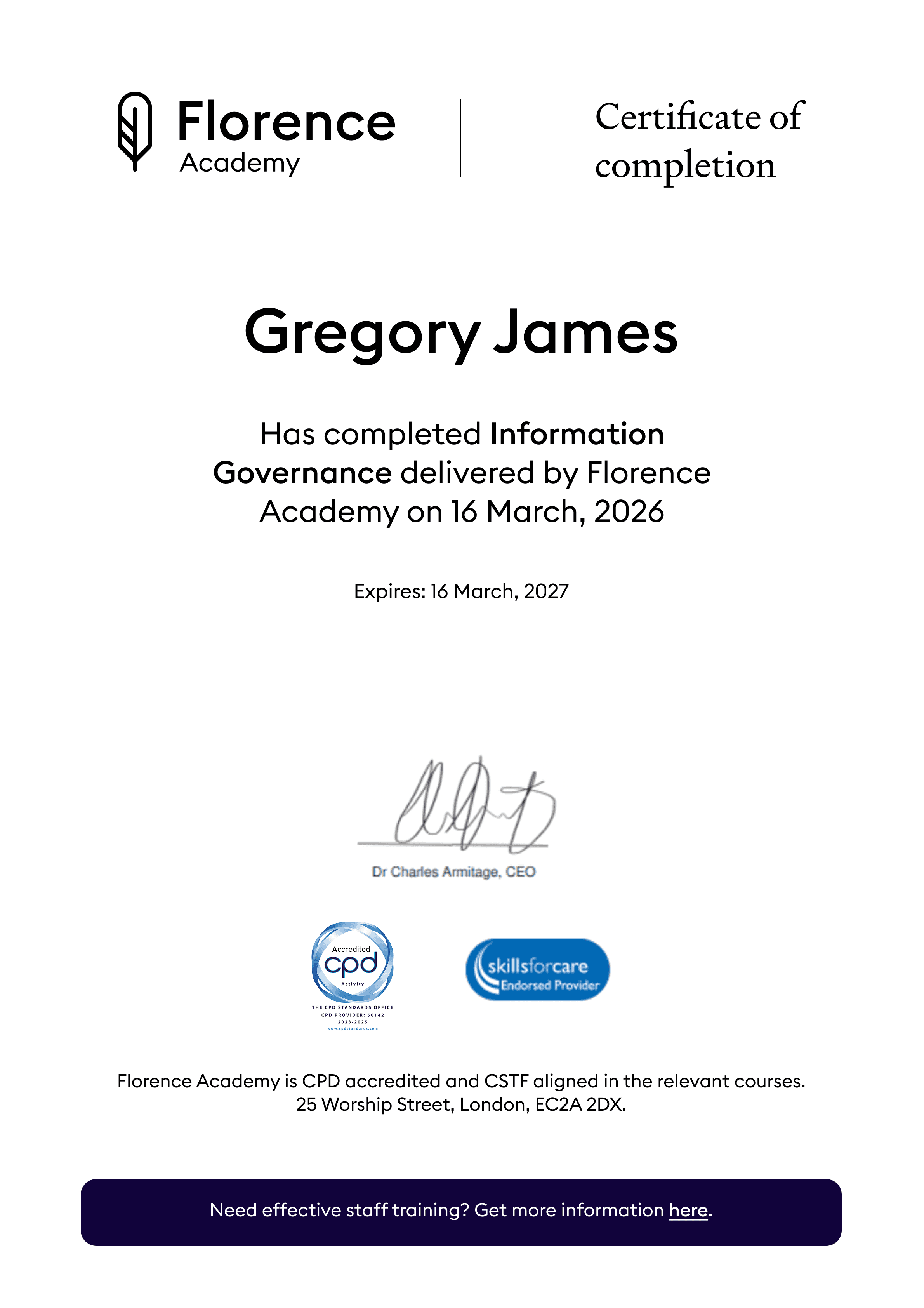 Florence academy certificate