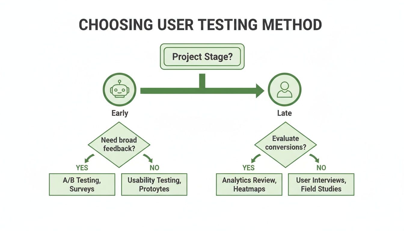 A flowchart titled 'Choosing User Testing Method' guides selection based on project stage and feedback needs.