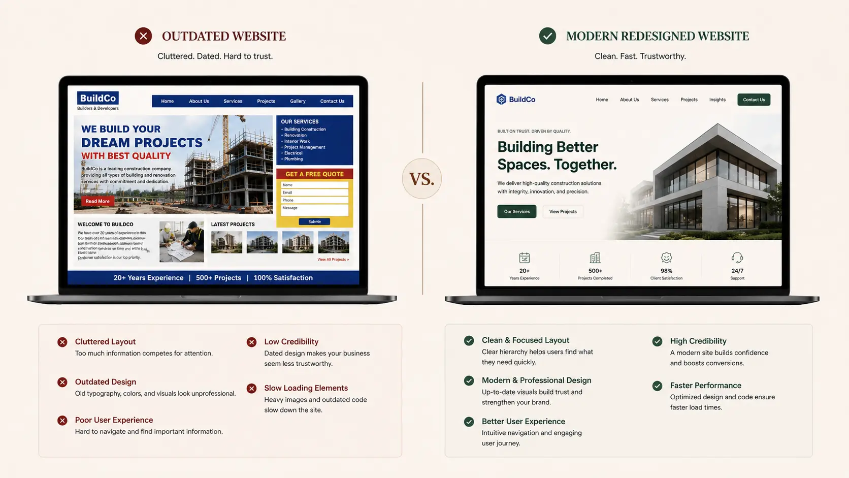 A side-by-side mockup comparing an outdated website design (cluttered, dated layout, slow-loading elements) versus a modern redesigned version of the same business, showing the visual and credibility gap clearly