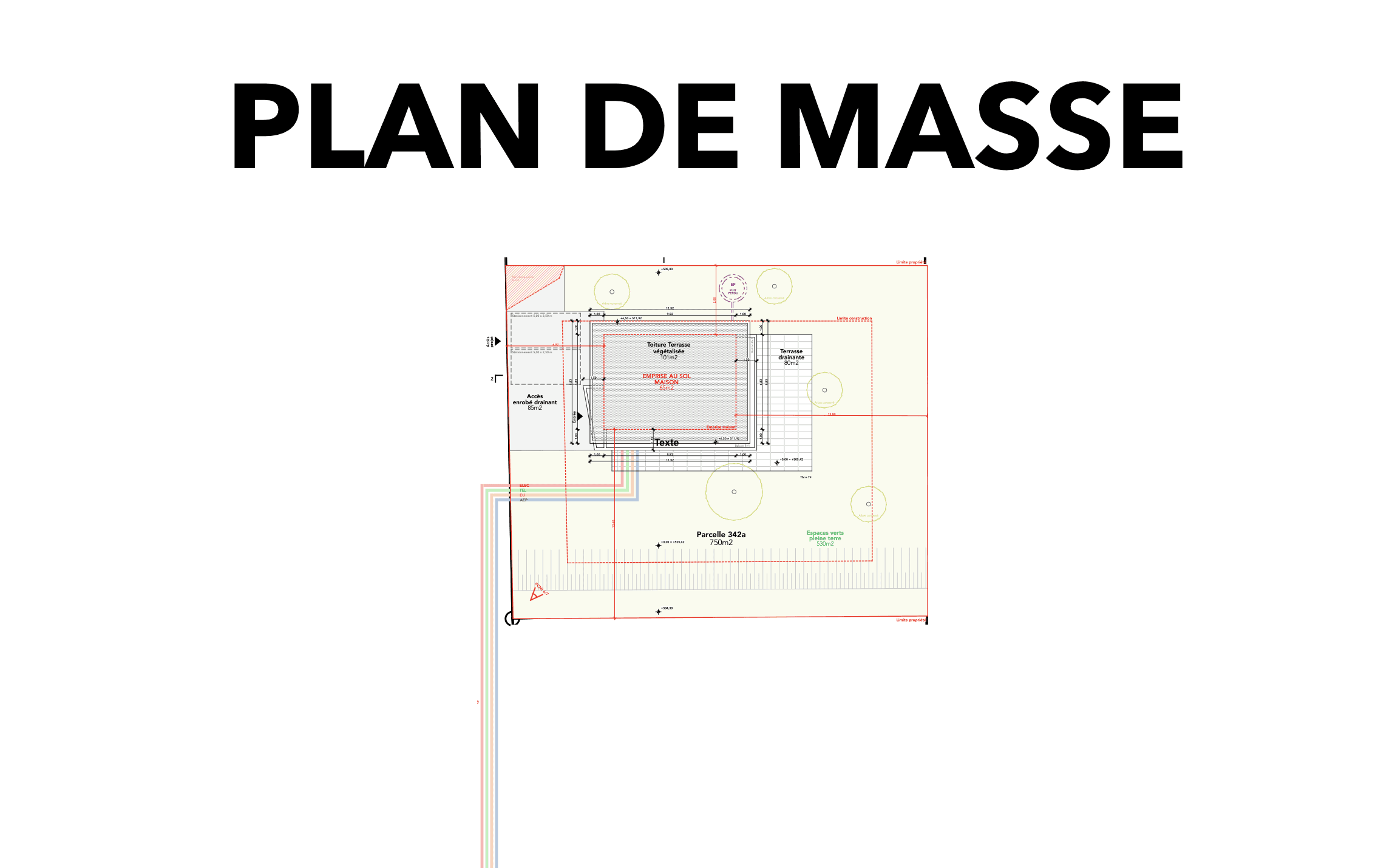 Exemple concret de plan de masse en Haute-Savoie, pour un projet de construction de maison individuelle en 2026, montrant l'emprise au sol, les limites de propriété, les réseaux et les aménagements extérieurs.
