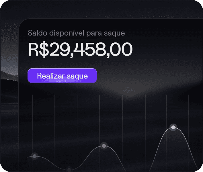 Card de controle financeiro com saldo disponível para saque de R$29.458,00