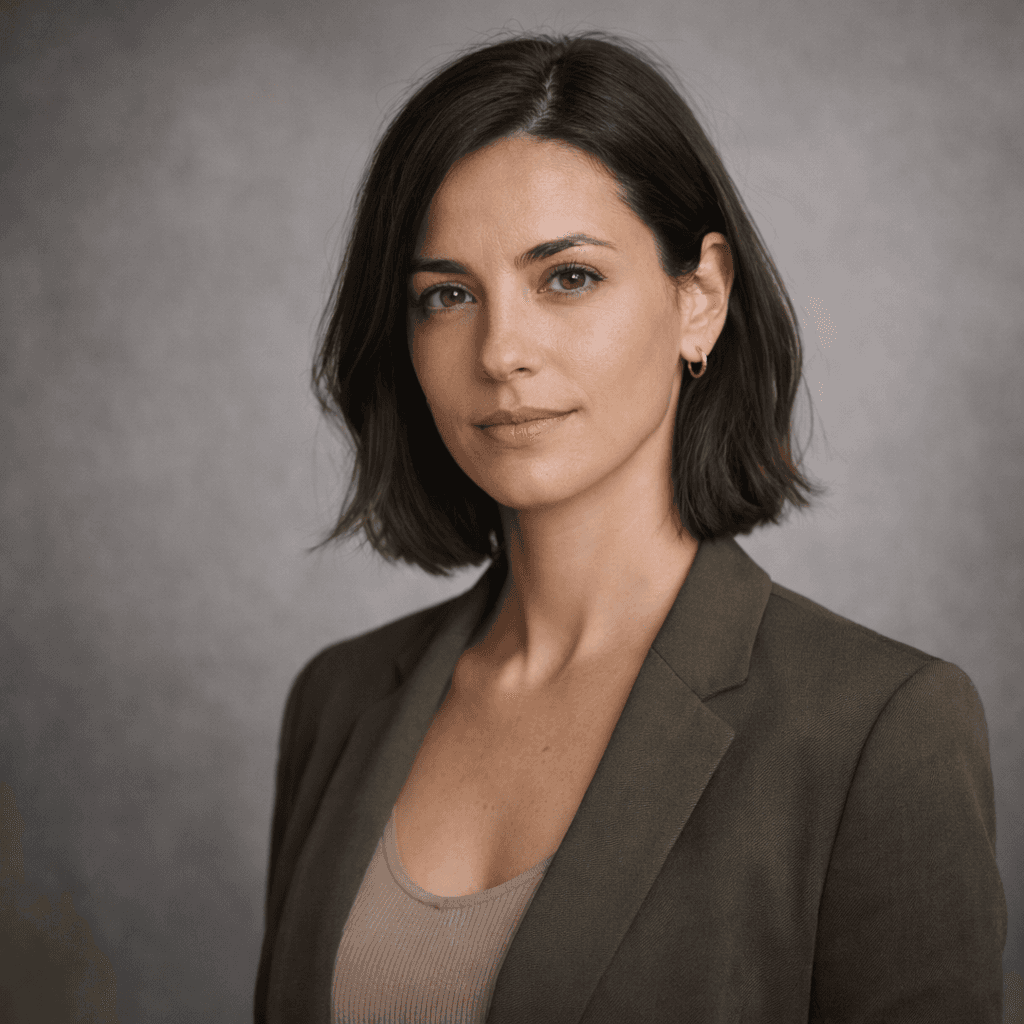 Woman with short dark brown haircut wearing an olive blazer, neutral studio background, serious professional expression.