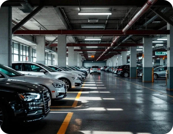 A row of cars parked in a garage