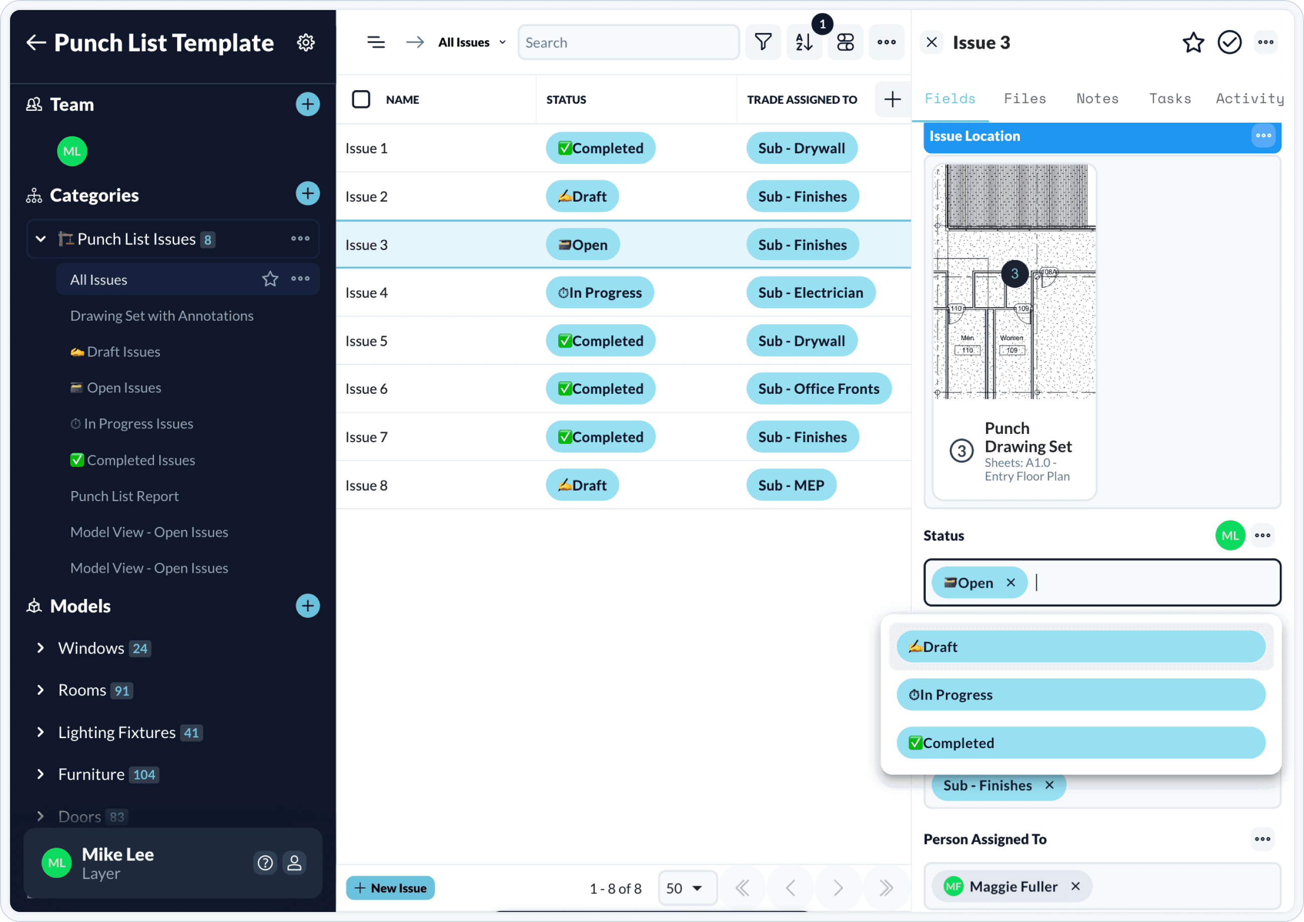 punch lists are organized in a tabular view