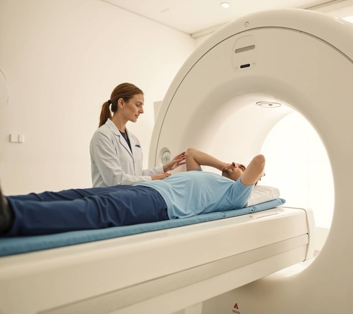 In a brightly and evenly lit clinical room, a patient lies on a scanner bed, positioned at the wide, cylindrical opening of a modern MRI machine. A medical professional in a white lab coat stands beside them, gesturing and appearing to communicate with the patient before the scan.