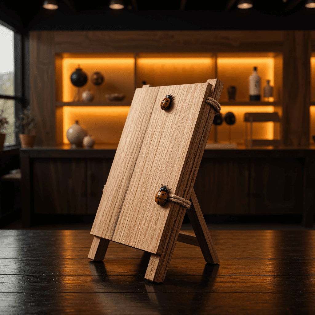 product photography of a wooden display stand with decorative rope and ladybug accents