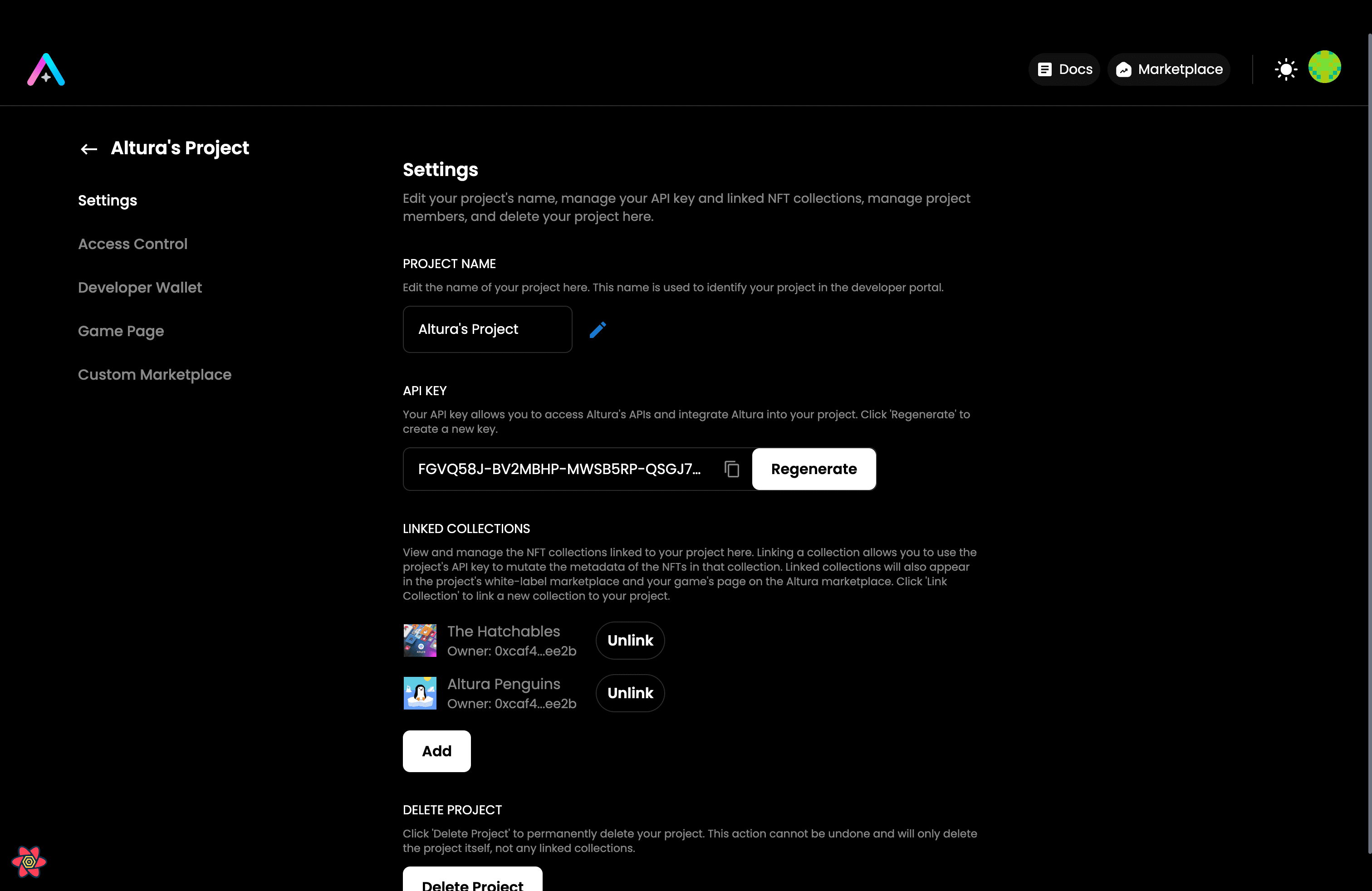Settings page in Altura's new developer dashboard