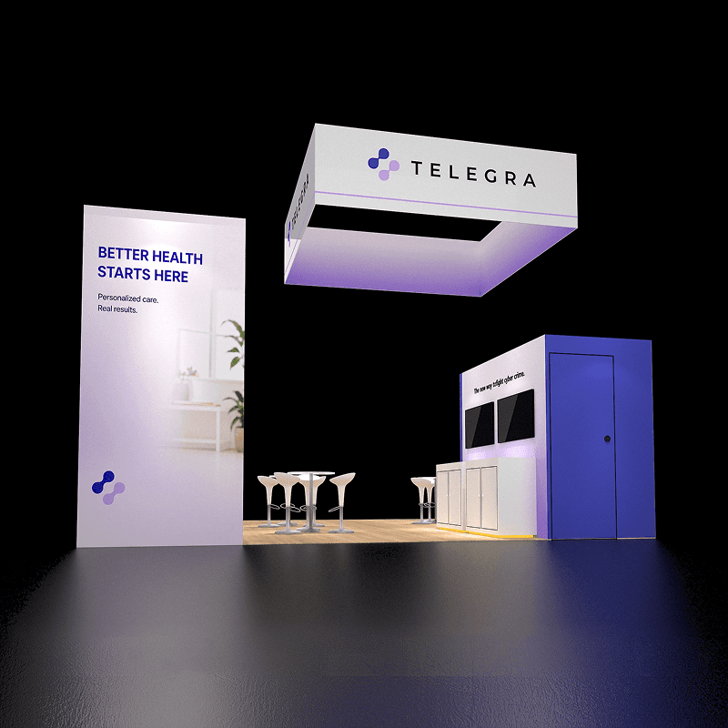 20x20 booth rental with meeting tables, monitor stations, and storage