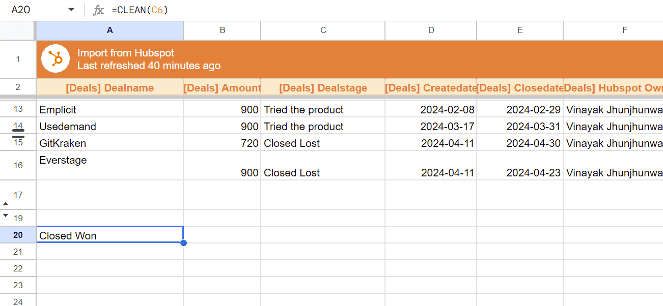 Removing line breaks with =CLEAN