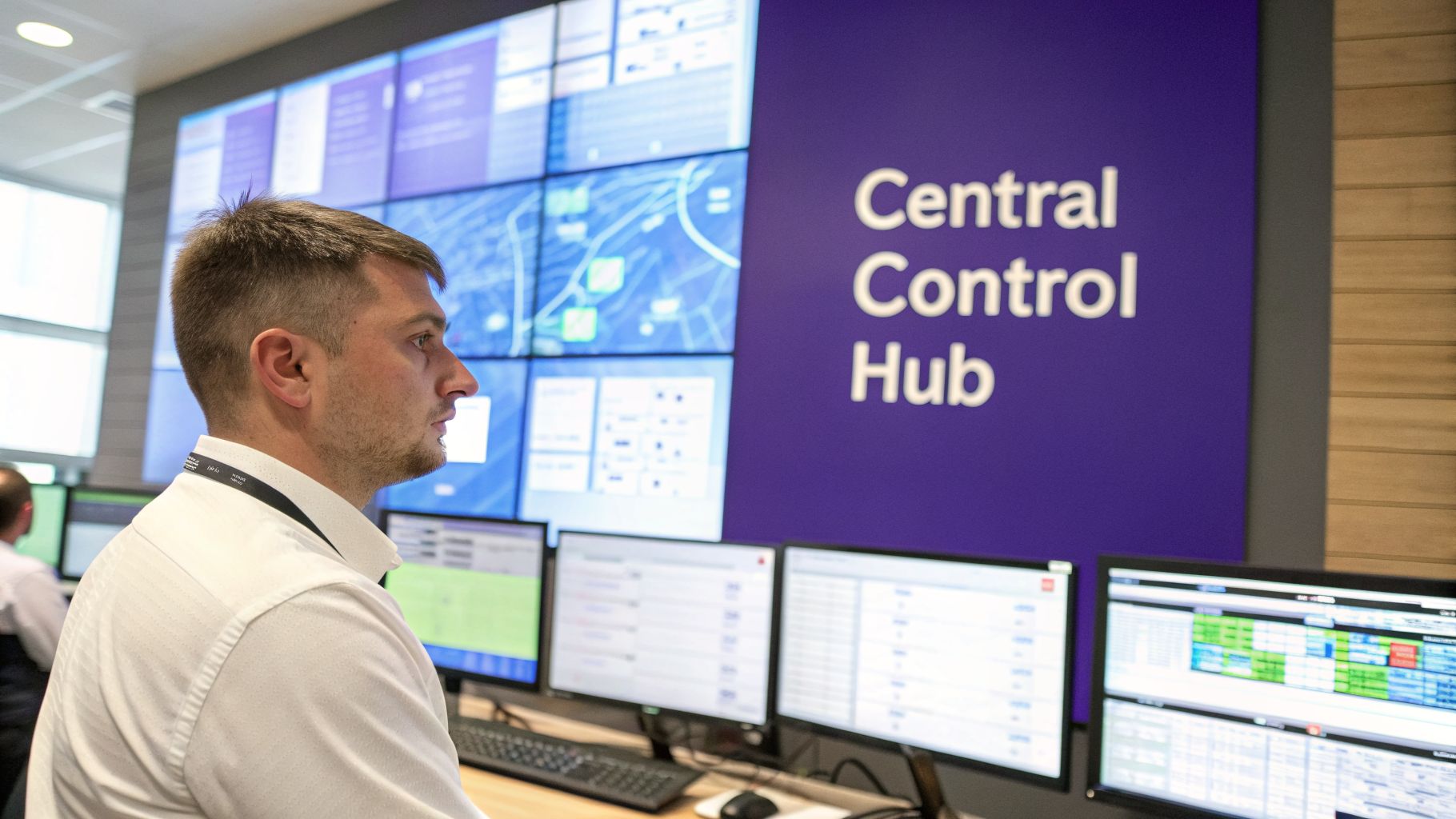 A man in a white shirt monitoring multiple computer screens in a central control hub.