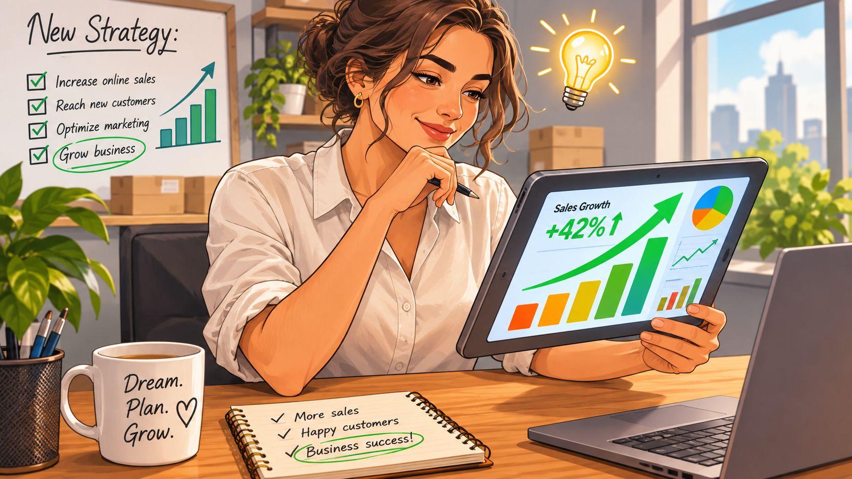 Ilustración de un emprendedor analizando gráficos de crecimiento de ventas en su tableta para crear nuevas estrategias.