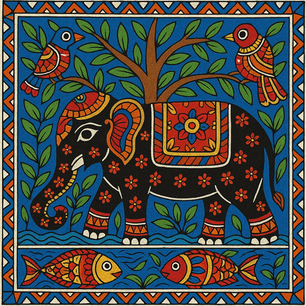 madhubani painting, elephant, mithila motifs