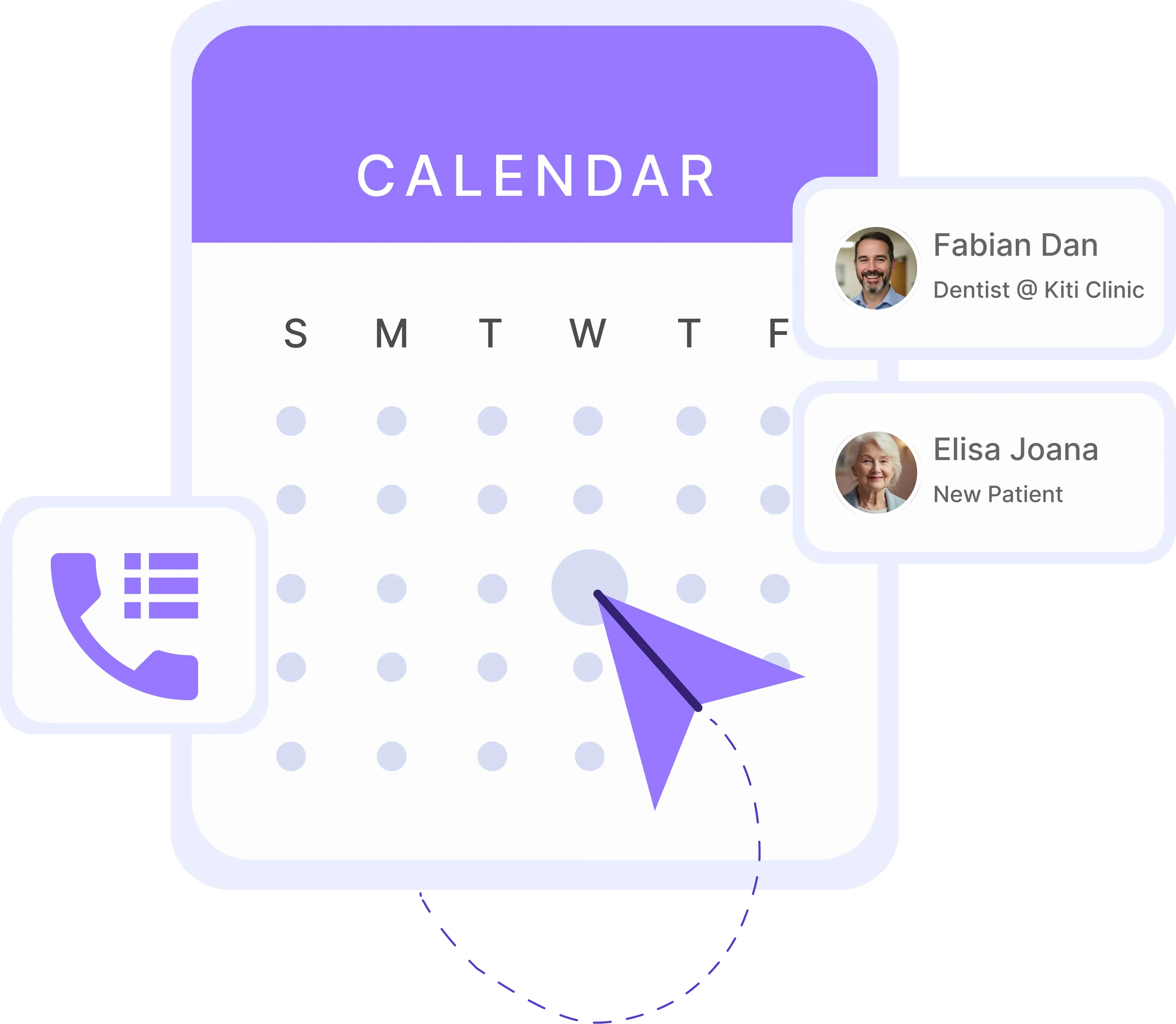 A screenshot of a calendar displaying an appointment schedule for Fabian Dan, Dentist at Kiti Clinic, with New Patient, Elisa Joana, listed on multiple days. The days of the week are labeled S, M, T, W, T, F.