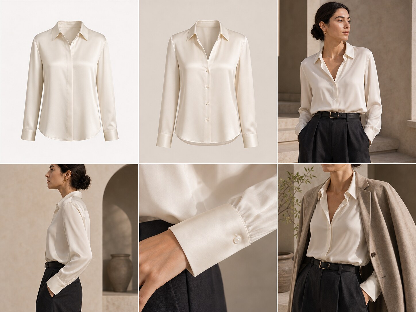 Silk blouse shown across finished PDP and on-model ecommerce views.