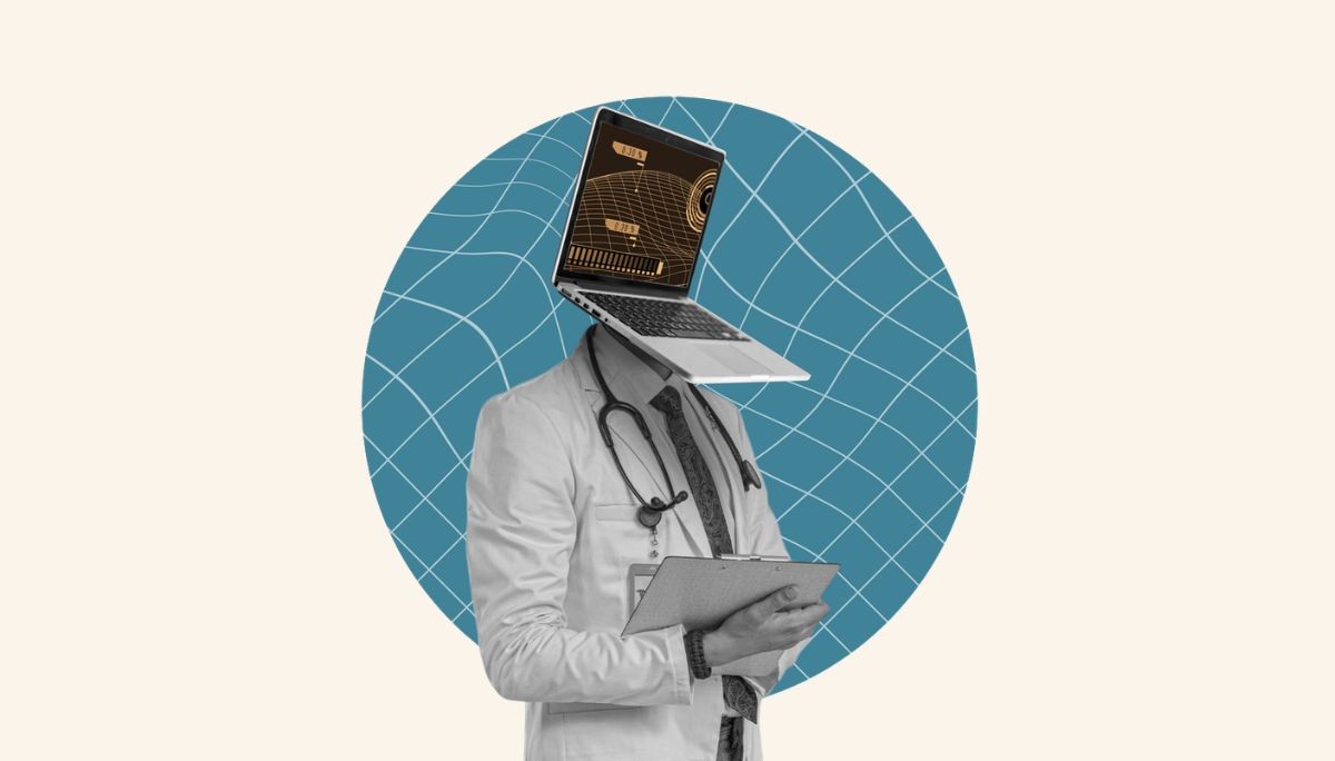 Surreal illustration of a doctor with a laptop for a head, symbolizing artificial intelligence in medical diagnostics.