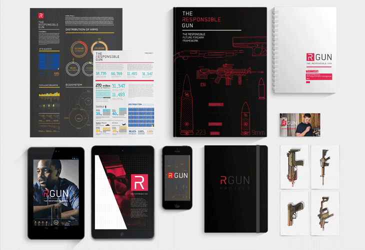 The image displays a collection of design elements and books related to a project titled "The Responsible Gun." These include a large black book with a red cover titled "The Responsible Gun," a white spiral-bound book with the "RGUN" logo, a black tablet displaying a photo of a man in a blue shirt with the "RGUN" logo, a black smartphone showing a smaller version of the logo, a black notebook with the same "RGUN" logo, a black tablet with a white cover, a black smartphone with a black case, and a set of four smaller images showing different firearms. The design elements use red and black color schemes and include charts and graphs related to gun distribution and statistics.
