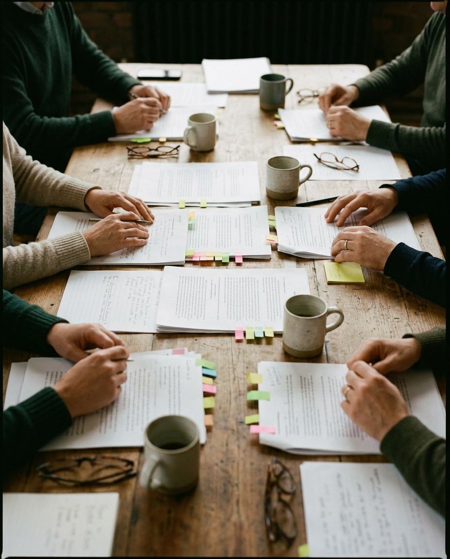 Five readers’ hands around a long table covered in application pages with pencil notes and coloured tabs.