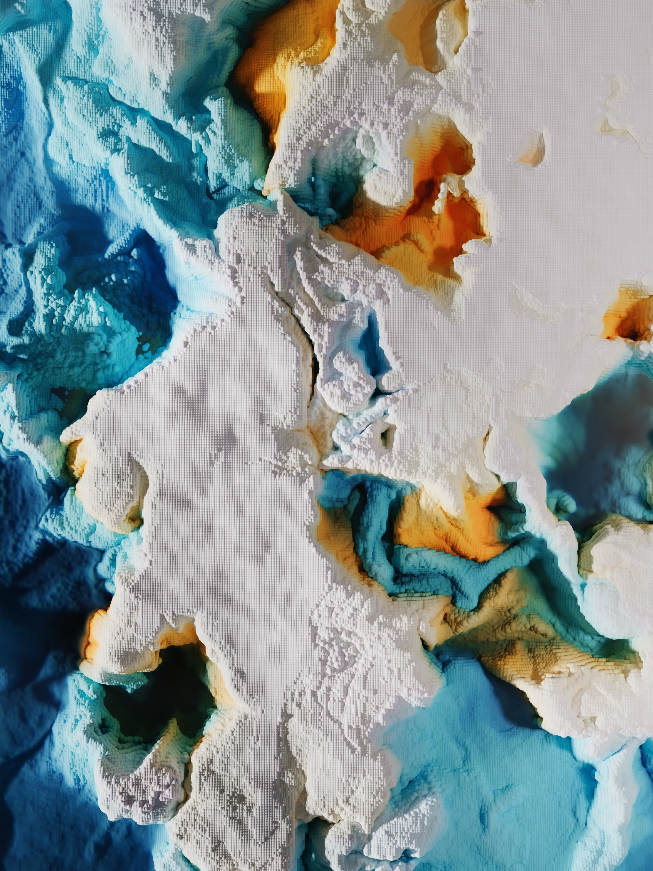 Vivid color transformations and particle systems in a 3D landscape, created in Cinema 4D to mimic the vibrant hues of Yellowstone’s hot springs.