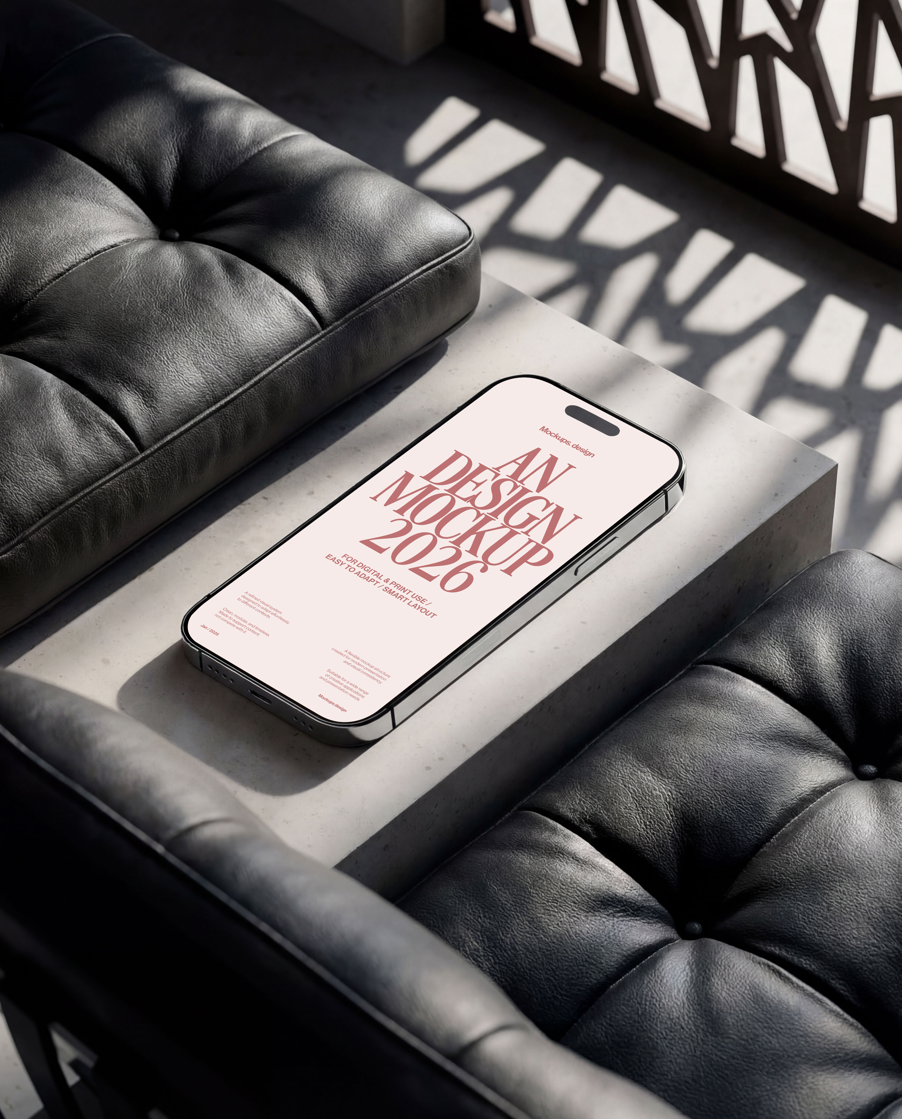 iPhone 16 mockup on table, neutral scene for design showcase