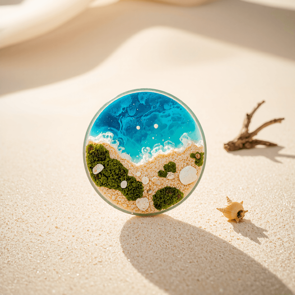product photography of a decorative resin art piece resembling a coastal scene
